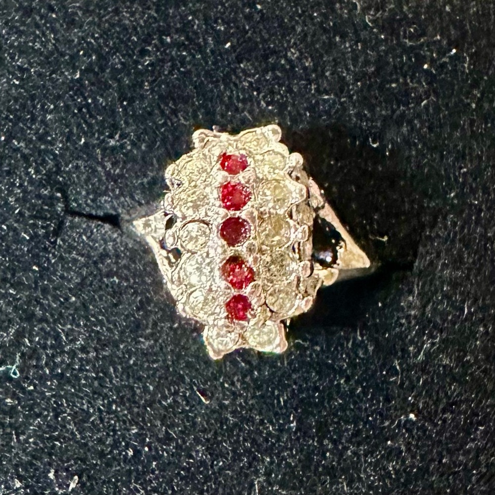 Elegant Silver Ruby & Diamond CZ Dinner Ring, size 4